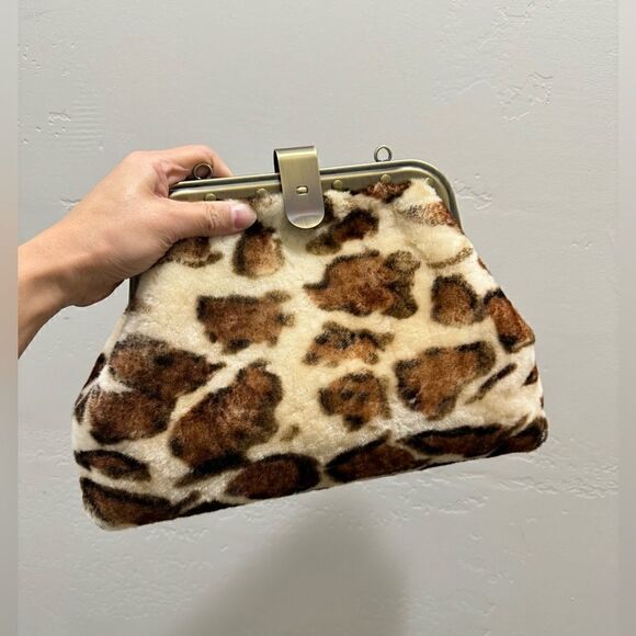 Leopard Print Handmade Real Shearling Leather Chic Metal Frame Push Lock Purse - Picture 2 of 16